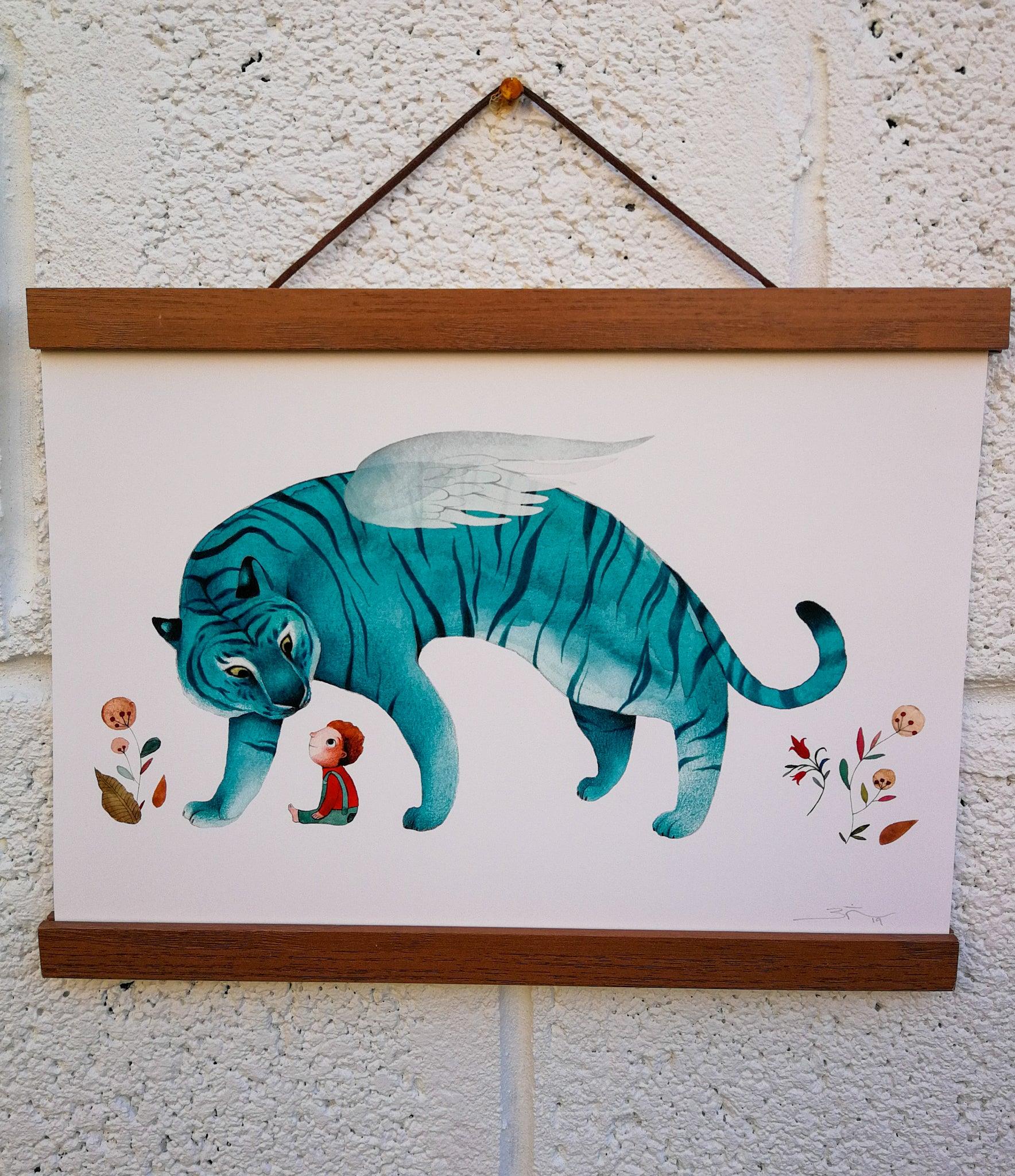 Illustration Of A Blue Tiger With Wings Befriending A Little Red Headed Boy
