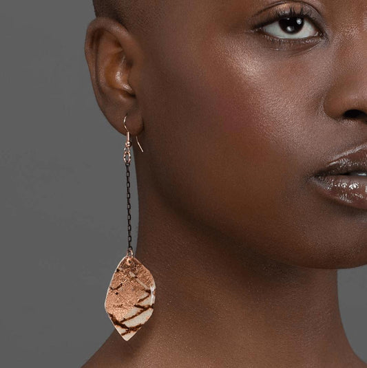 Rust Gile Leaf Earrings on Model