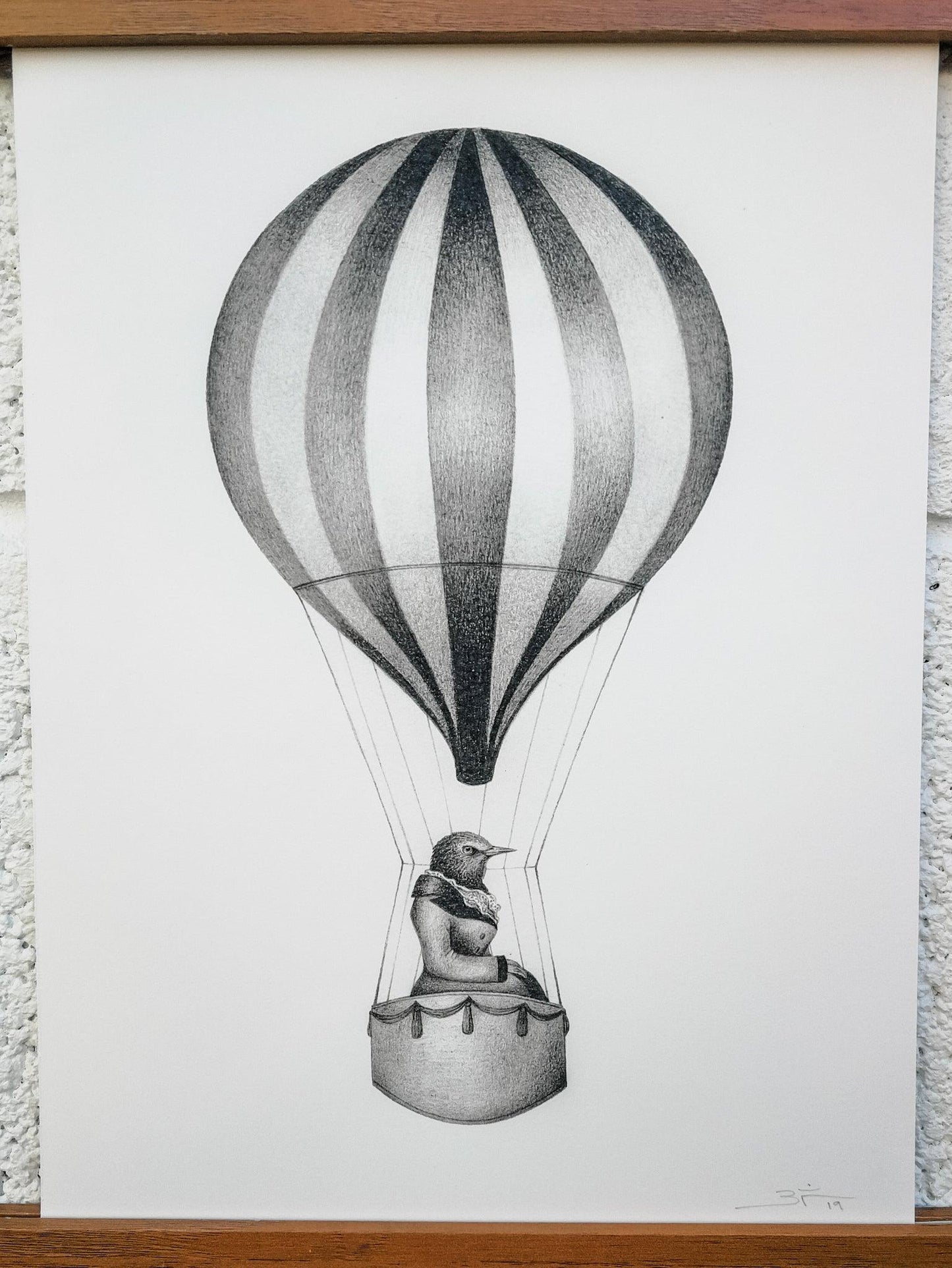 Pencil Drawing of a Regal Bird Siting Regally in a Hot Air Balloon