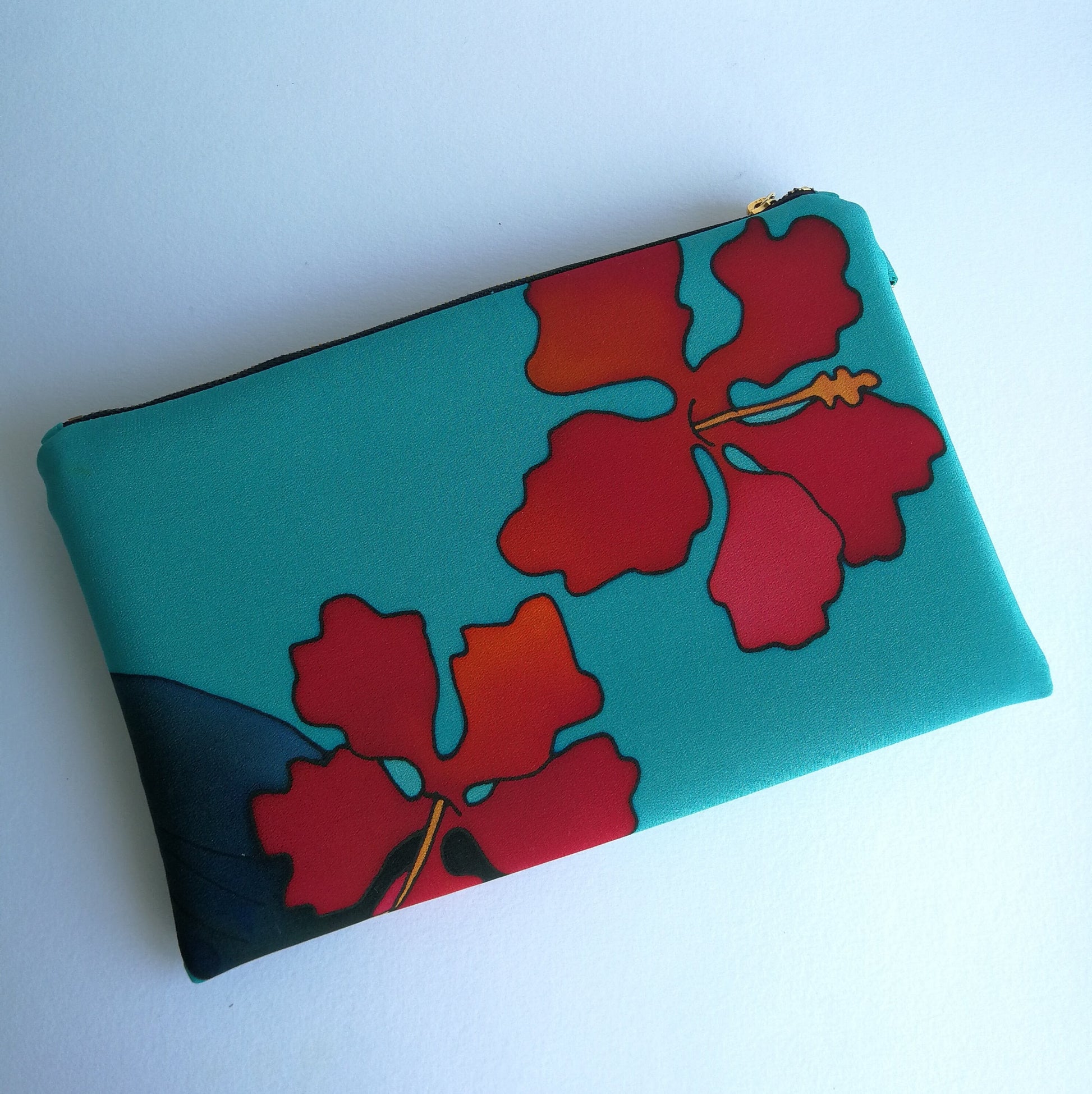 Teal Silk Clutch with Red Flowers
