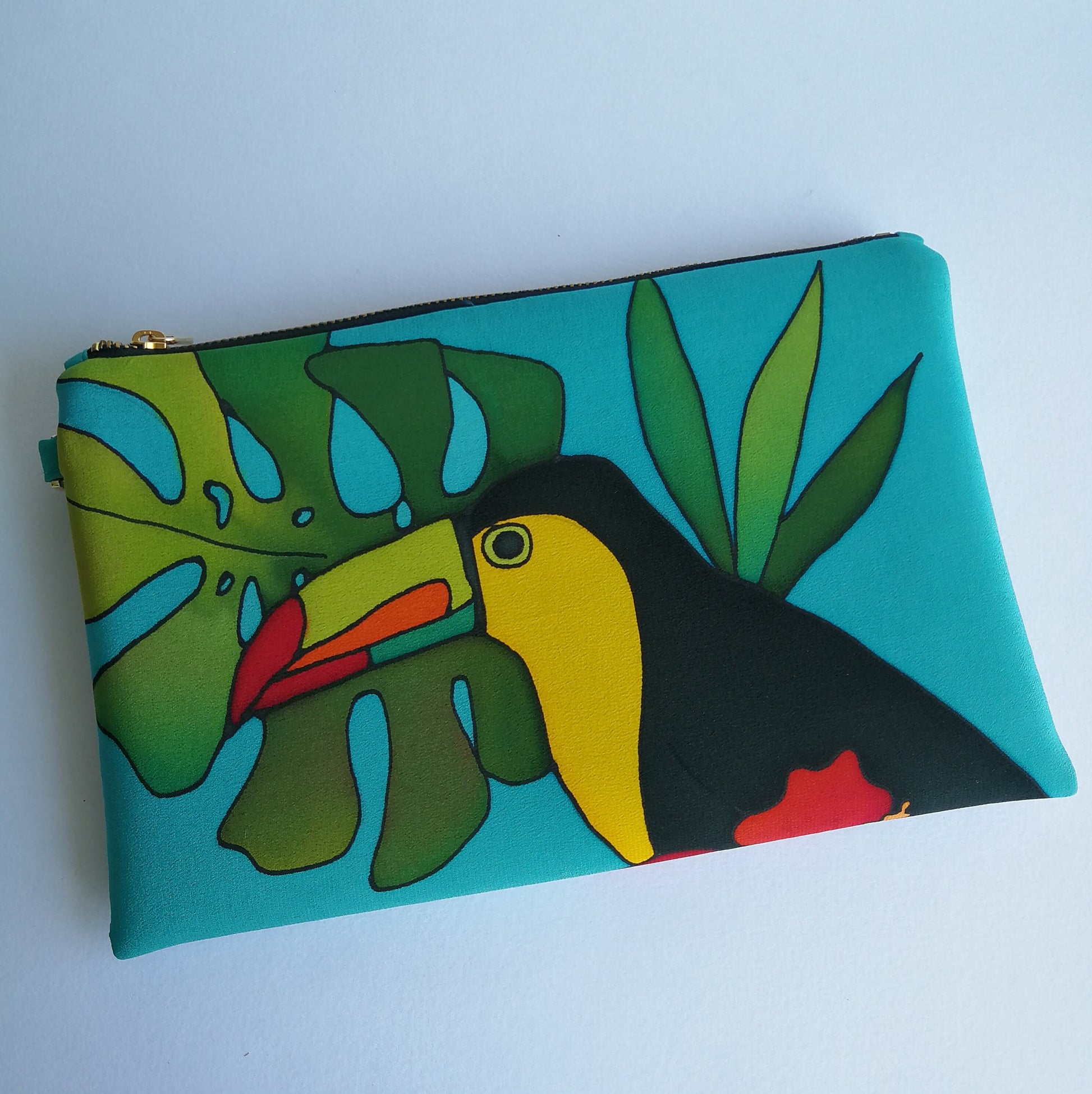 Hand Painted Toucan & Banana Leaf on Silk Clutch