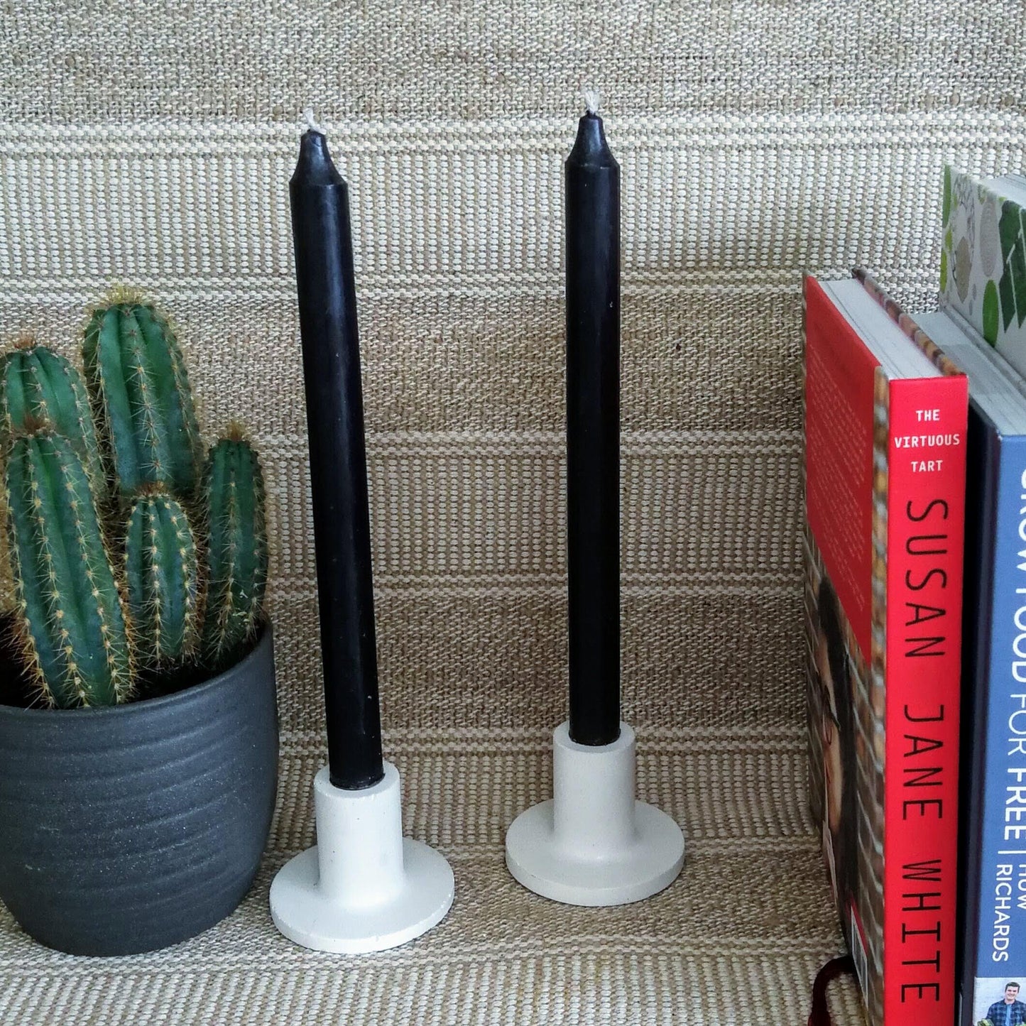 White Candle Holders Styled with Books